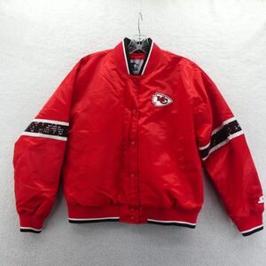 Starter Jacket Women Medium Kansas City Chiefs Red Sequin Satin Bomber NFL Fan